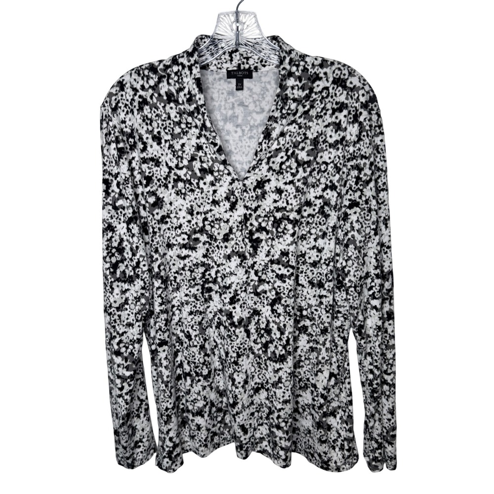 Talbots‎ Woman 2X Black White Abstract Floral V-Neck Long Sleeve Top Rayon Blend